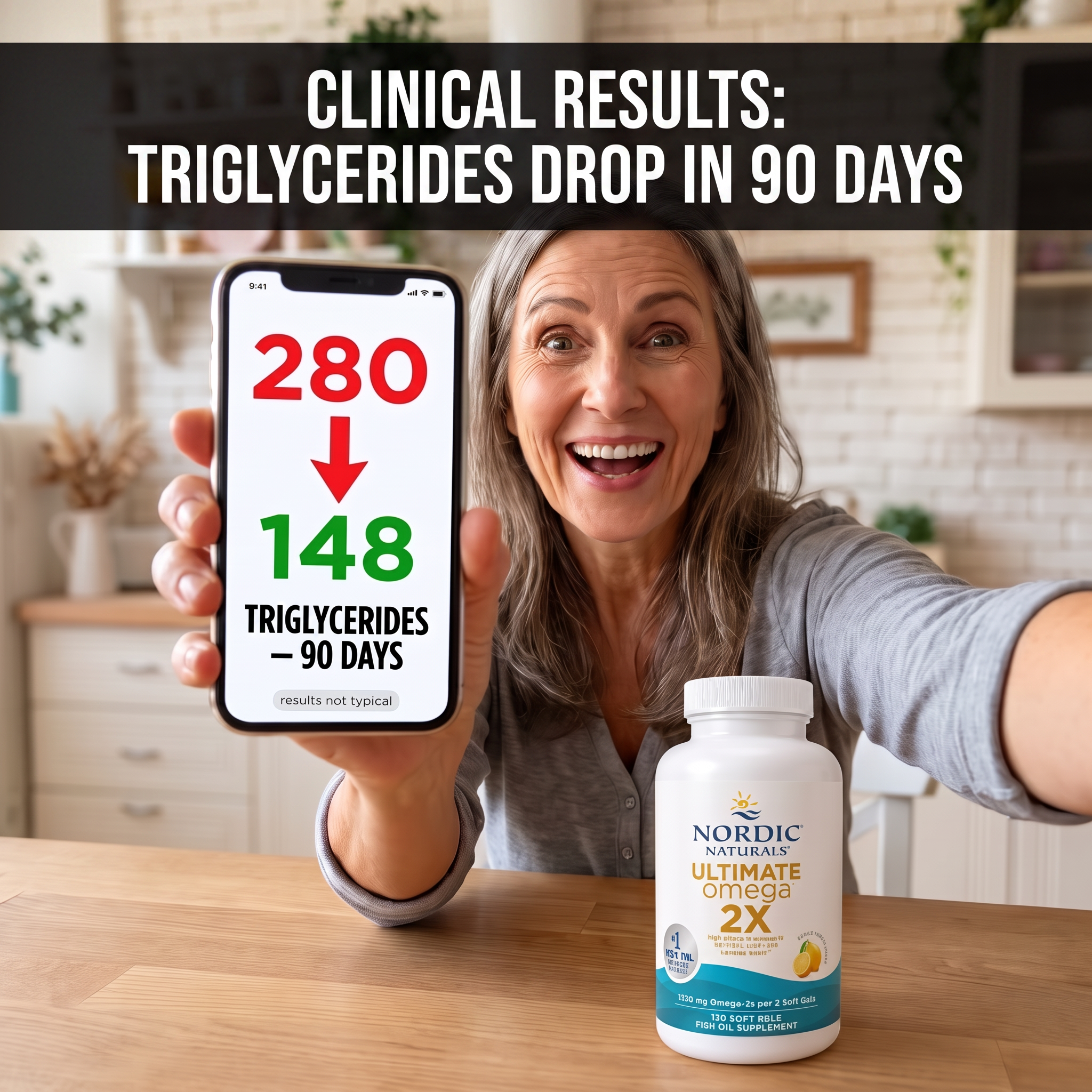 Clinical results — triglycerides drop 280 to 148 in 90 days — happy woman with Nordic Naturals